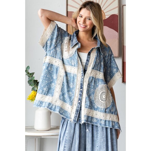 Oli & Hali Washed Crochet Patchwork Button Down Shirt NWOT Size  Small - Picture 3 of 6